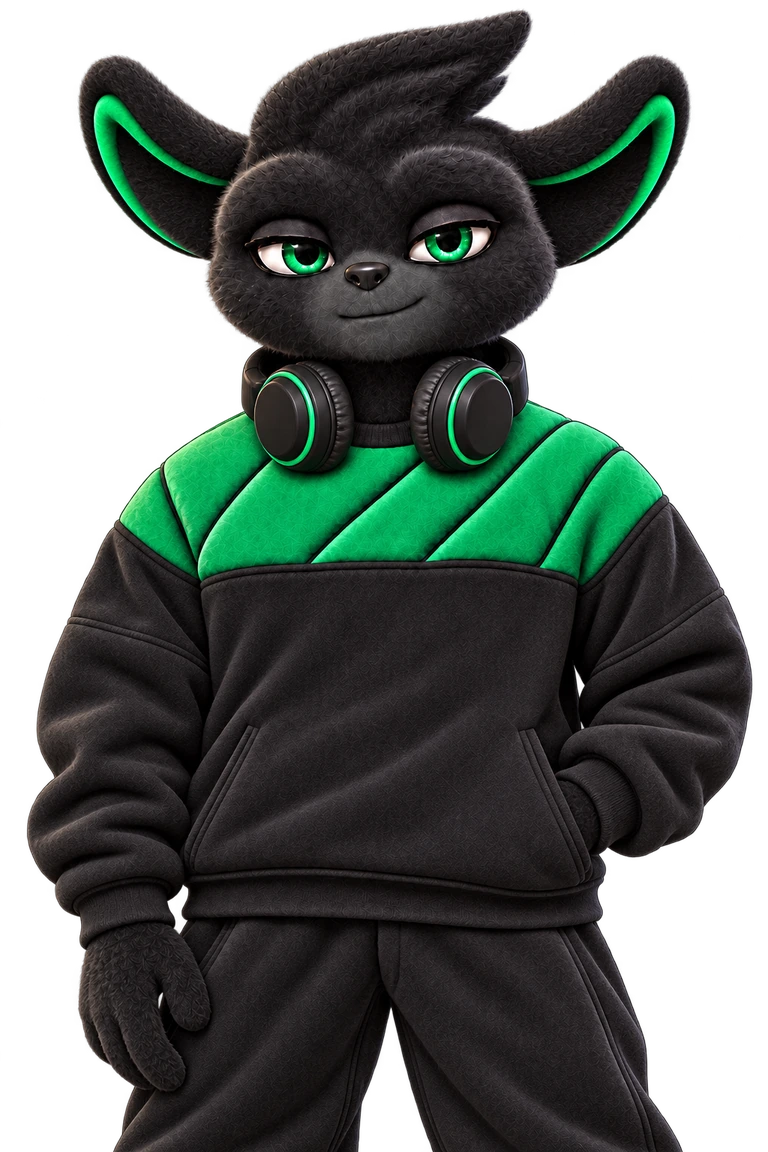 Bawzy with green-lined ears, a swept tuft, headphones and a green quilted sweatshirt.